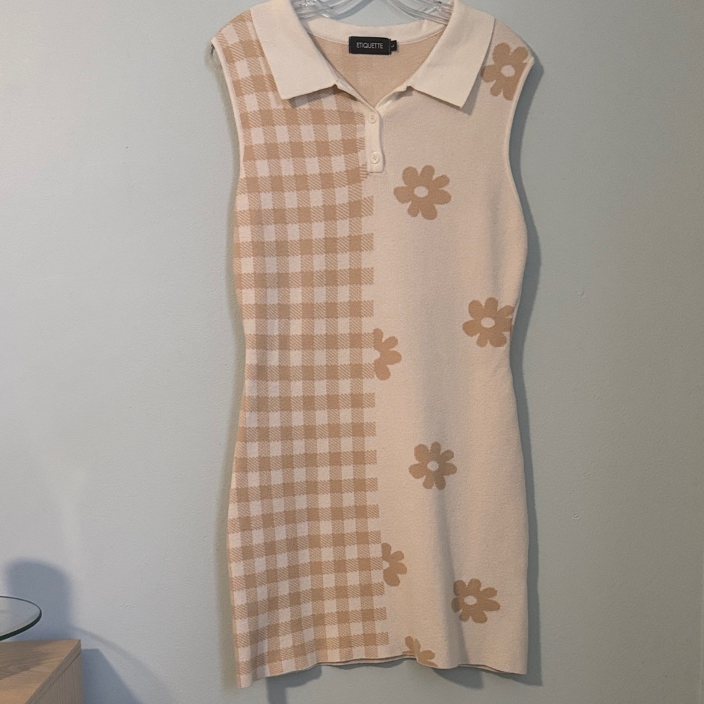 Etiquette Cream and Tan Checkered Floral Mini Dress